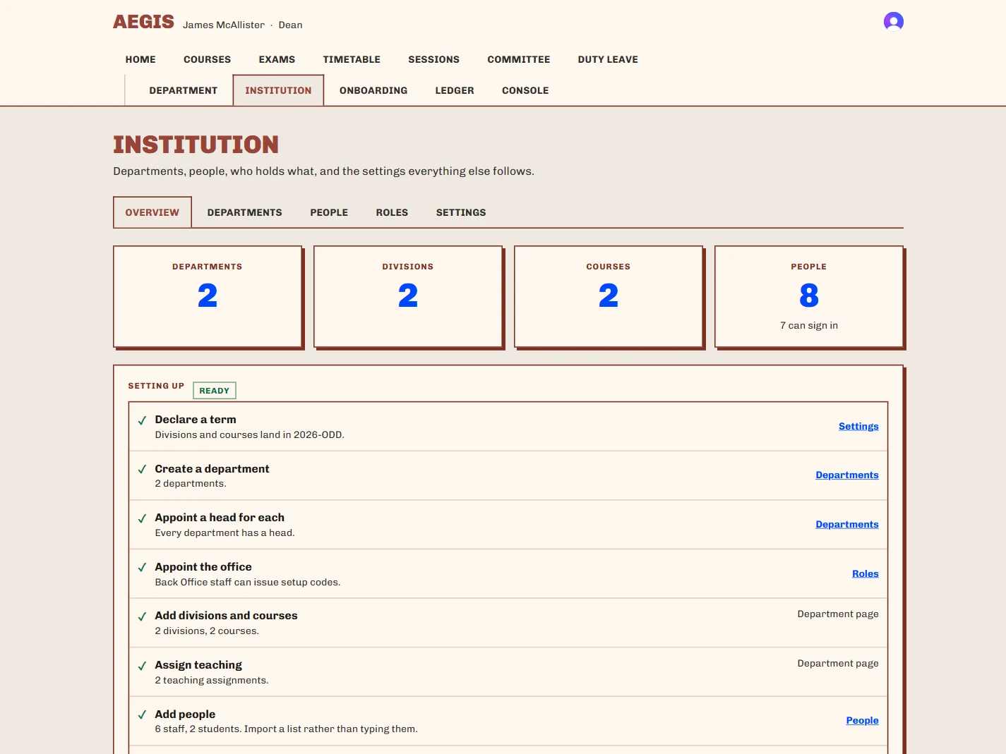 The eight-step setup checklist, every step green, each linking to the tab that satisfies it.
