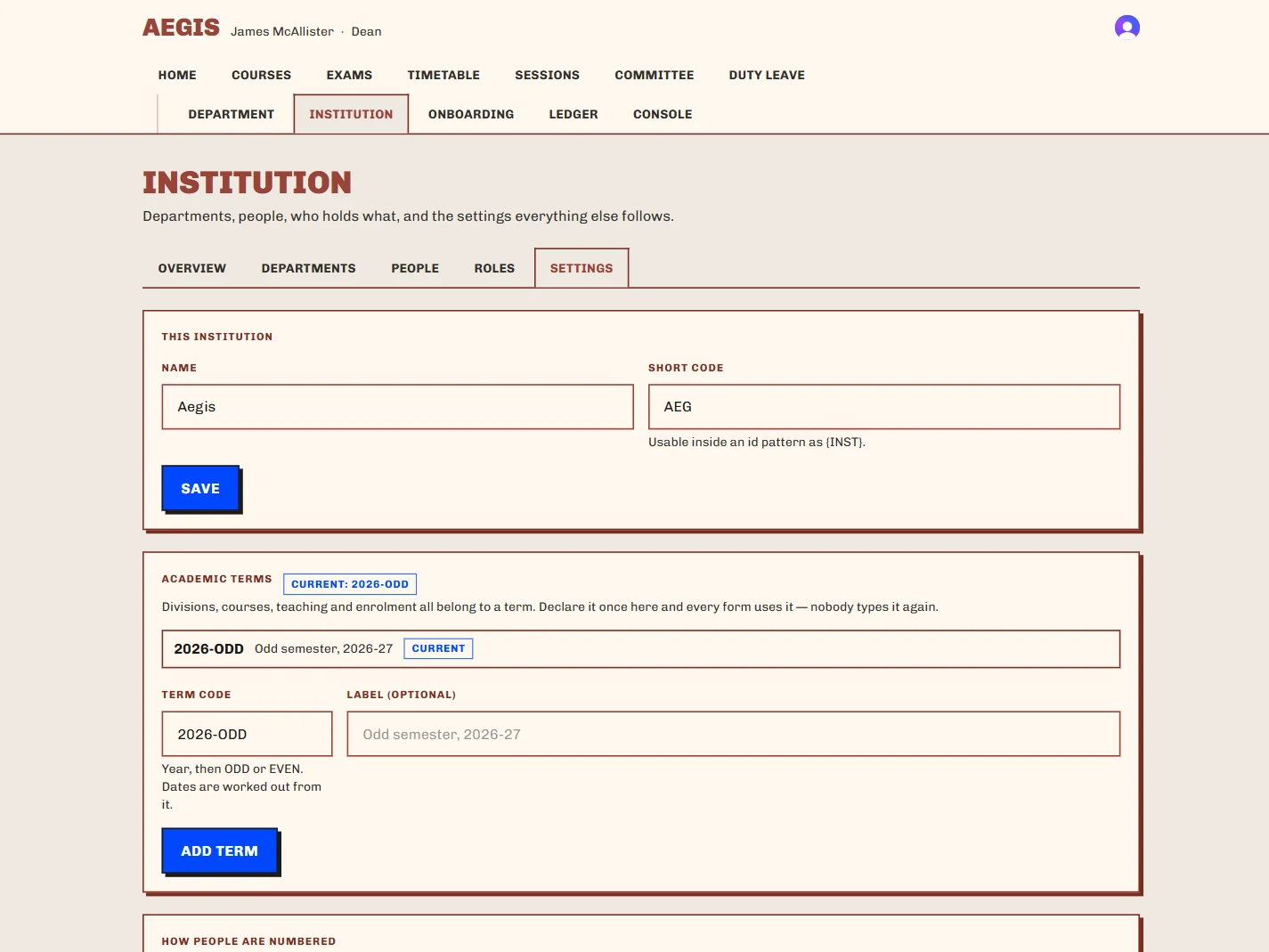 Academic terms and the identifier-pattern editor with live previews and running-number counters.