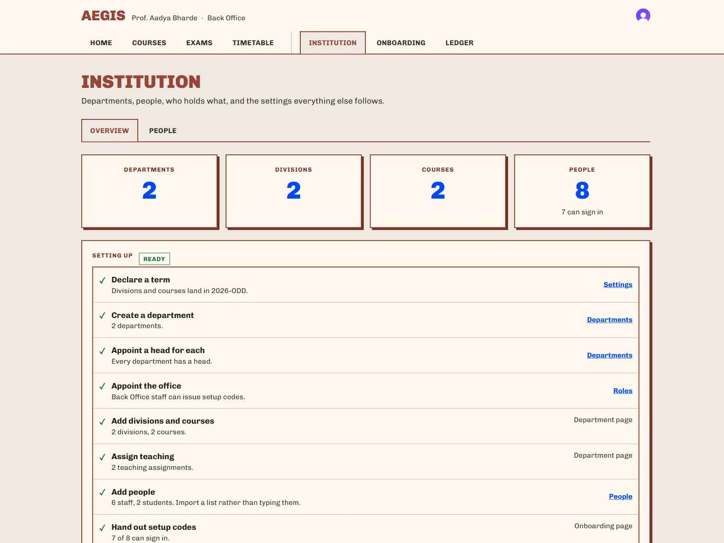 The same institution URL opened by a back-office user: only two tabs resolve. Capability gating, not menu hiding.