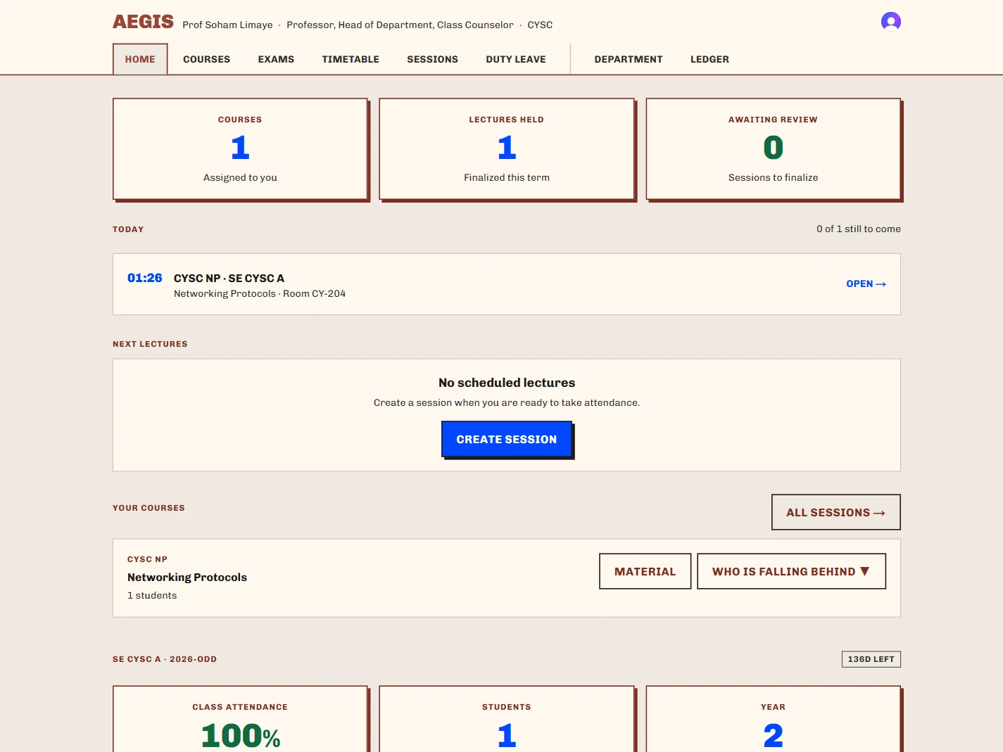 The Head of Department dashboard. Divisions, courses and staff — and the rule that a course needs a teacher before a lecture can open against it.