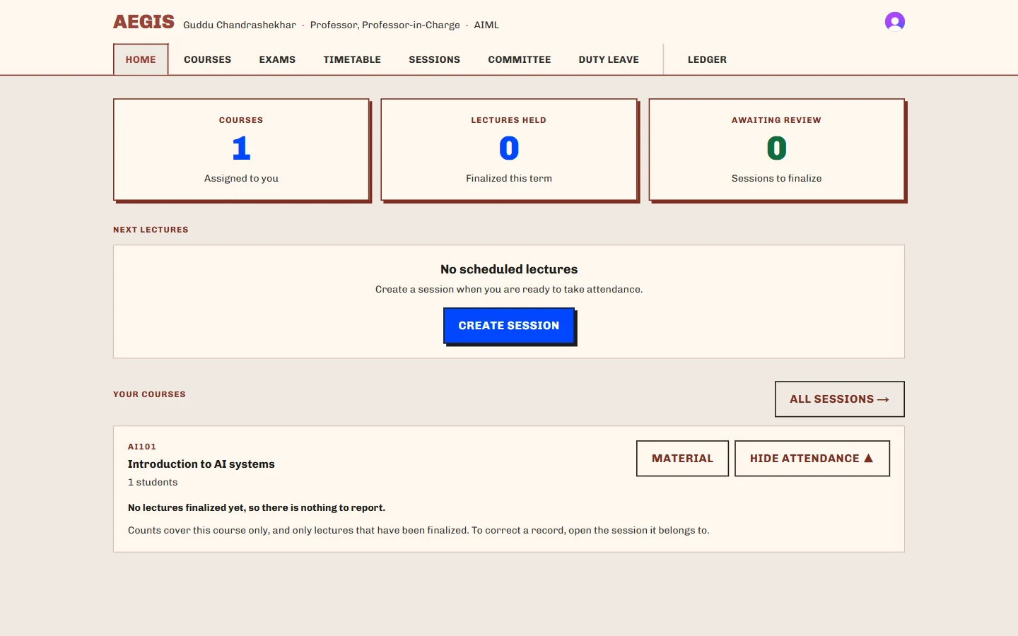 The Professor dashboard. Courses, lectures held, sessions awaiting review, and who is falling behind.