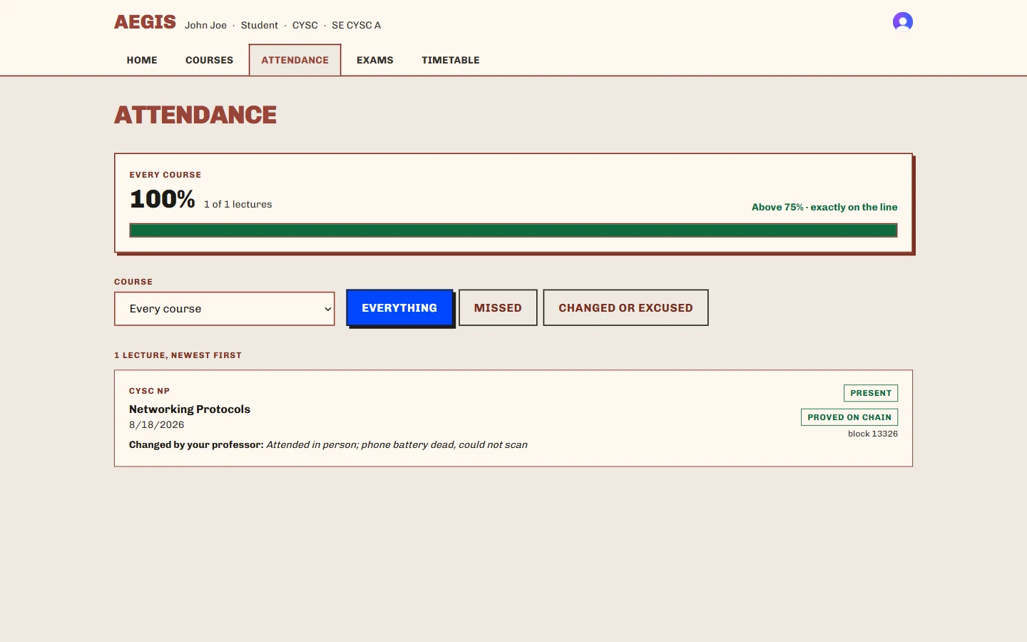 A student verifying their own attendance record against the ledger: proved on chain, block 13326.